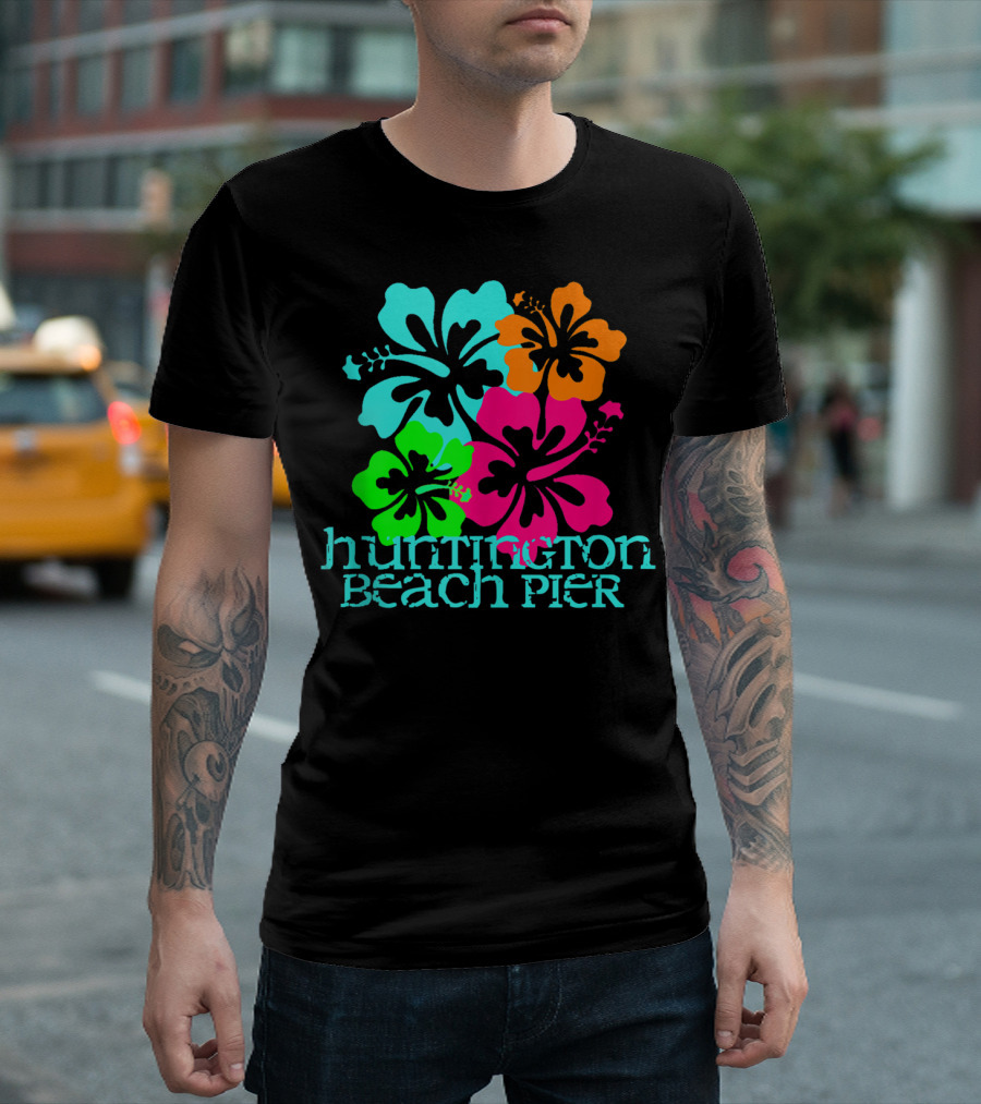 Huntington Beach Pier Tropical Hibiscus Surf Travel T-Shirt