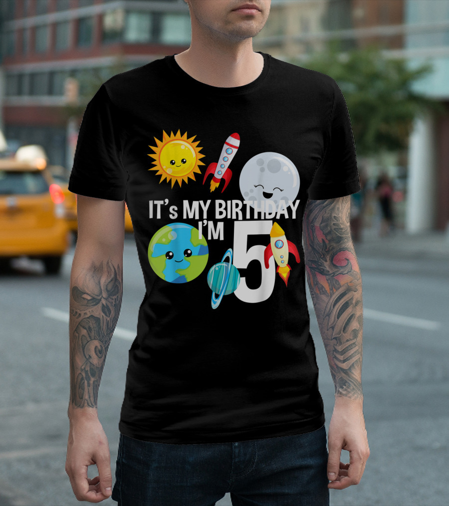 It's My Birthday I'm 5 Outer Space Planets Rocket Sun Moon T-Shirt