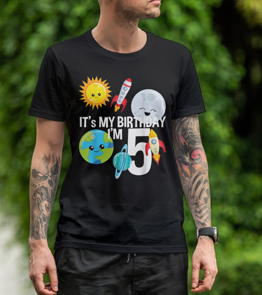 It's My Birthday I'm 5 Outer Space Planets Rocket Sun Moon T-Shirt