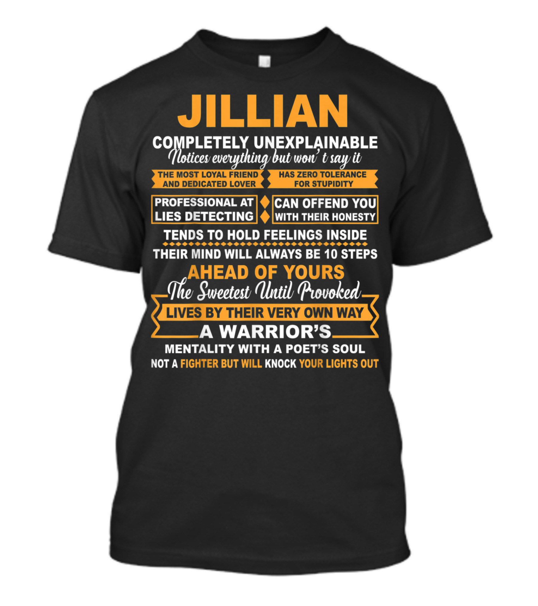 Jillian Completely Unexplainable Notices Everything But Won't Say It Professional Lies Detecting Ahead Of Yours A Warrior's Mentality With A Poet's Soul T-Shirt