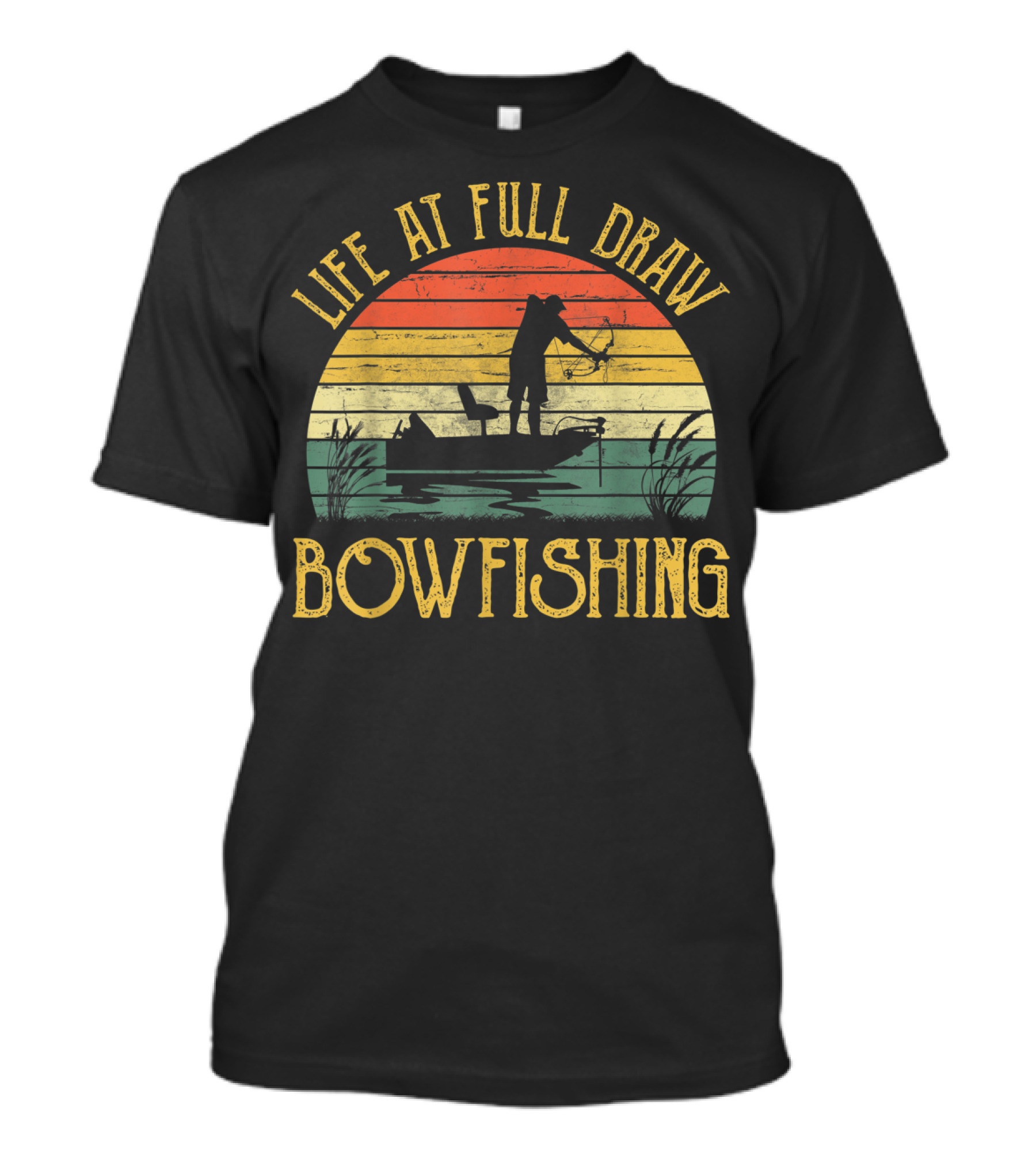 Life At Full Draw Bowfishing Vintage Sunset Silhouette Boat Scene T-Shirt
