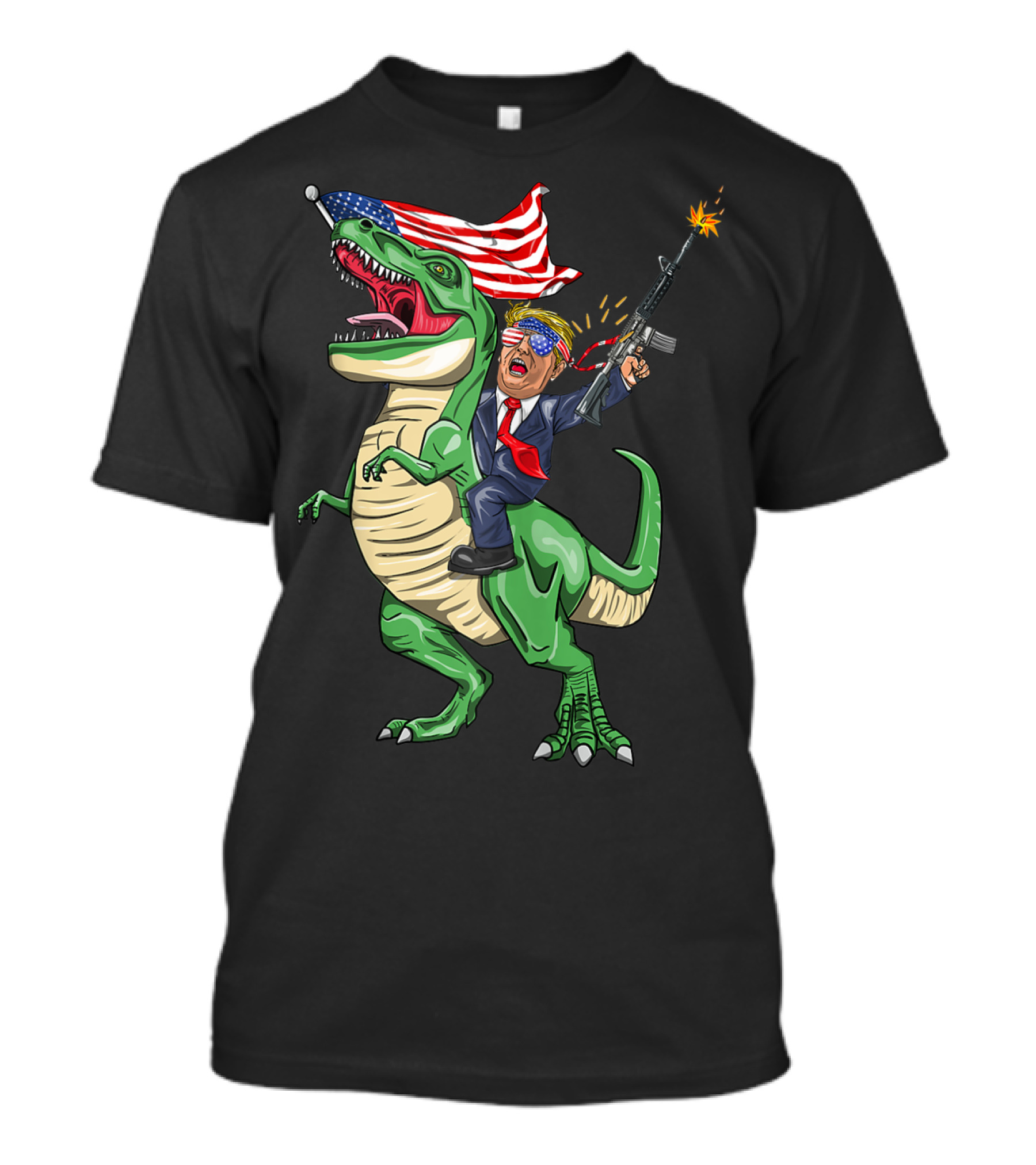 Machine Gun Trump Riding T-Rex With American Flag T-Shirt