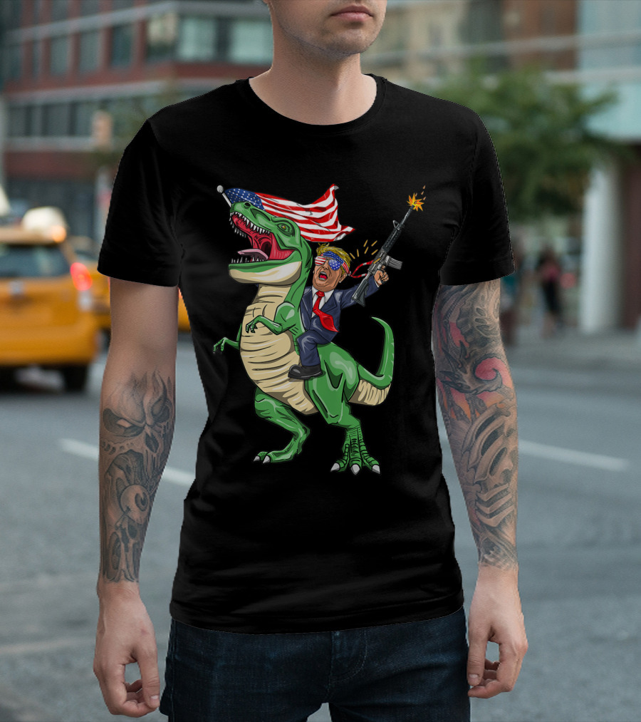 Machine Gun Trump Riding T-Rex With American Flag T-Shirt