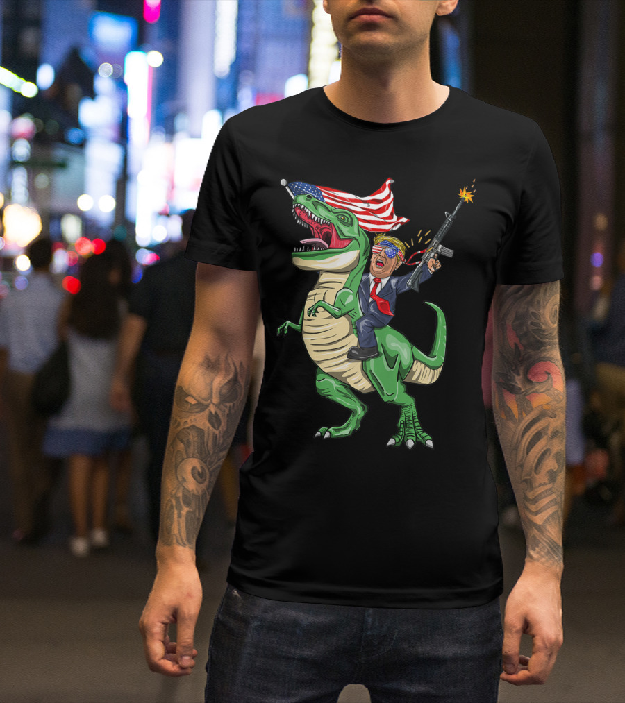 Machine Gun Trump Riding T-Rex With American Flag T-Shirt