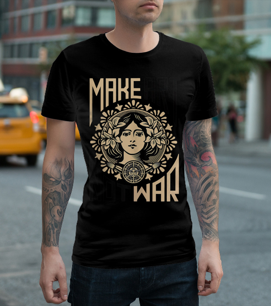 Make Art Not War Obey Giant Inspired Slogan Red Peace Symbol Floral T-Shirt