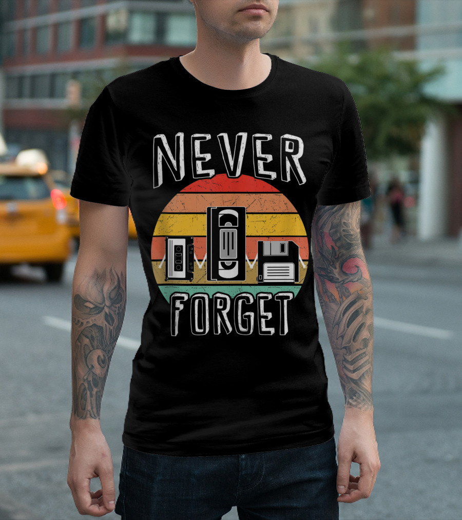 Never Forget Retro Vhs Cassette Floppy Stripes T-Shirt