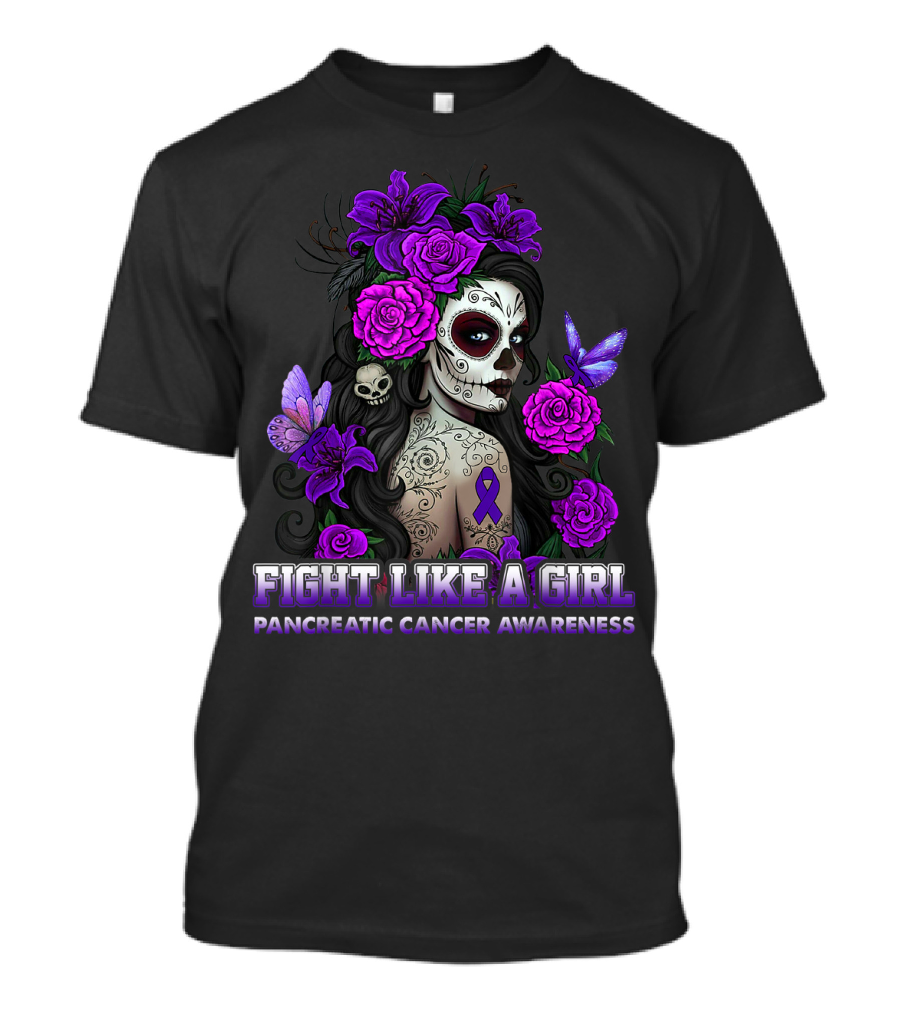 FIGHT LIKE A GIRL PANCREATIC CANCER AWARENESS PURPLE FLOWERS T-Shirt