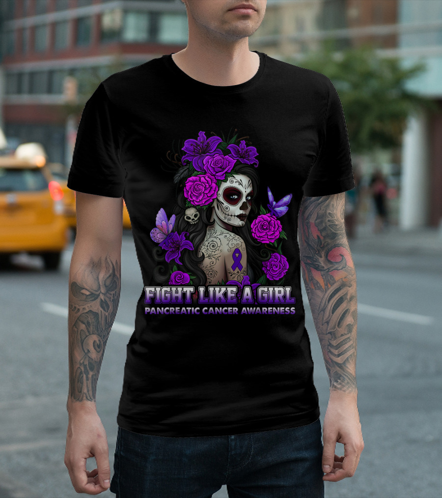 FIGHT LIKE A GIRL PANCREATIC CANCER AWARENESS PURPLE FLOWERS T-Shirt