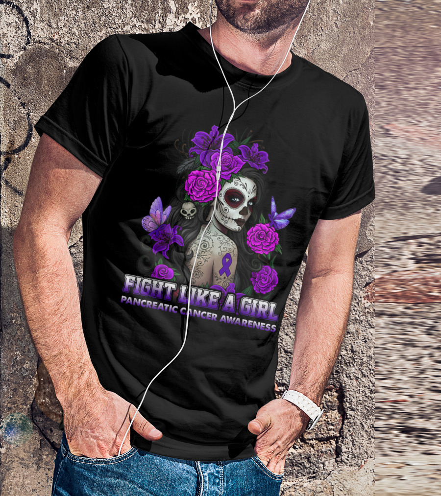 FIGHT LIKE A GIRL PANCREATIC CANCER AWARENESS PURPLE FLOWERS T-Shirt