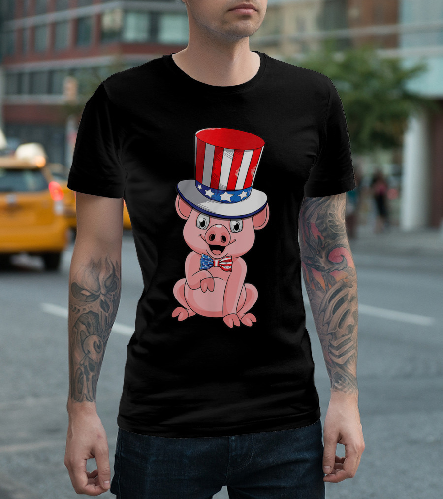 Pig Wearing American Flag Hat and Bowtie for Patriotic 4th of July Celebrations T-Shirt