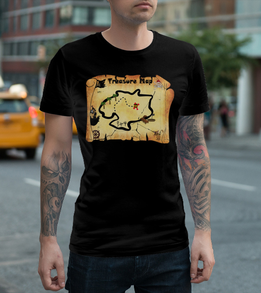 Treasure Map Scroll with Pirate Icons and X Marks the Spot T-Shirt