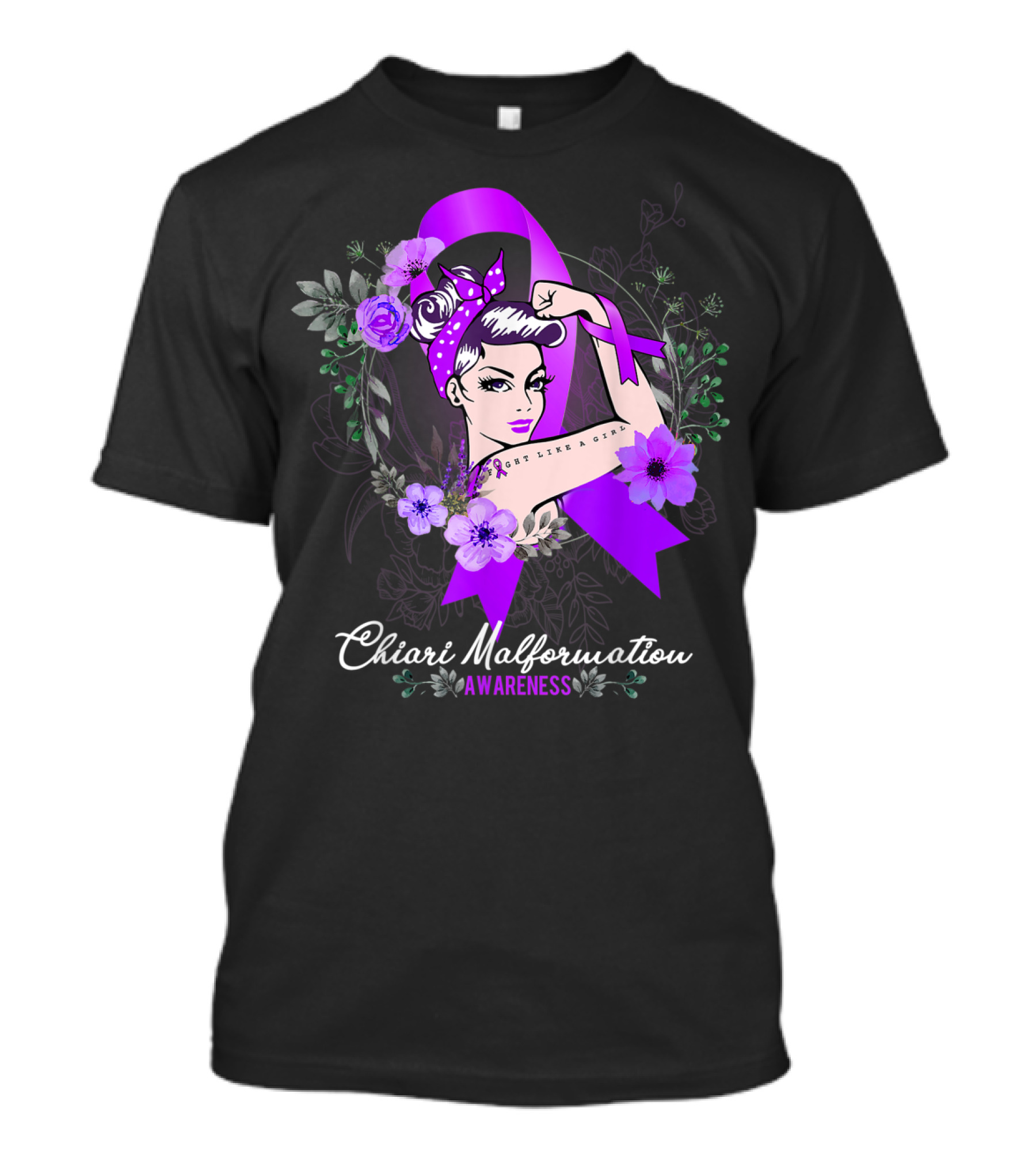 Chiari Malformation Awareness Purple Ribbon Floral Rosie The Riveter T-Shirt