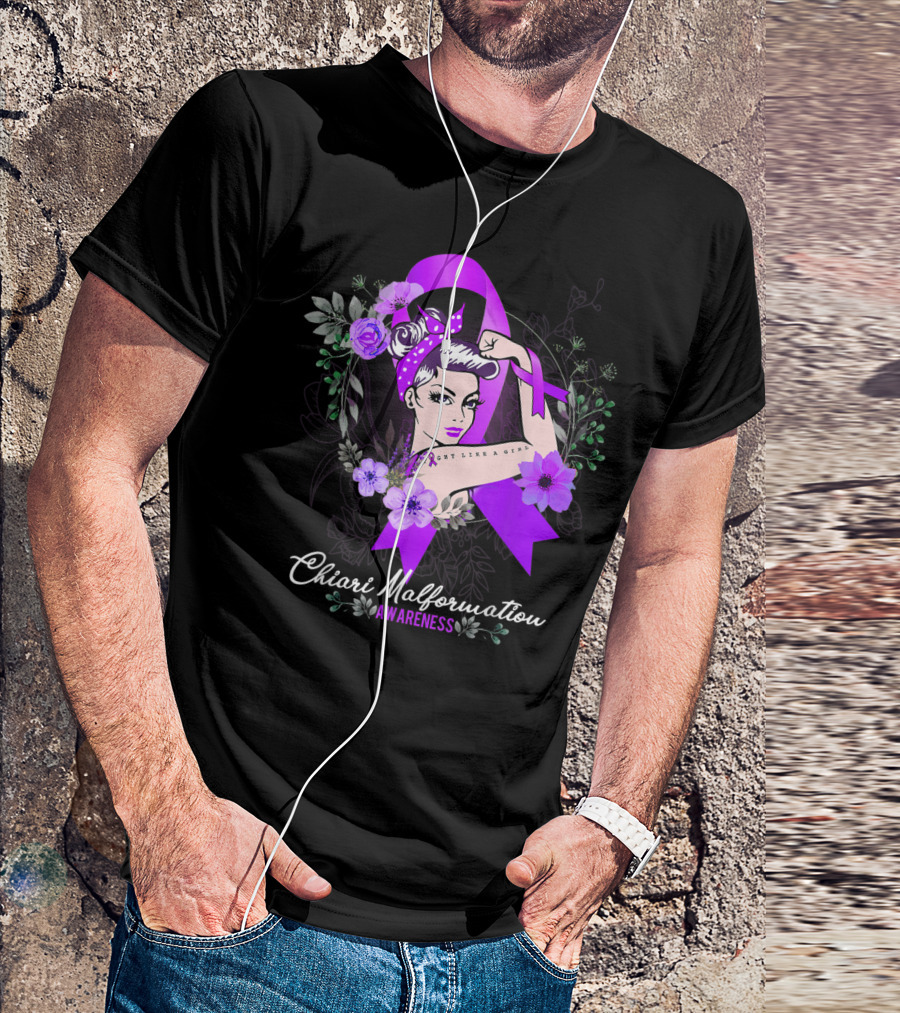 Chiari Malformation Awareness Purple Ribbon Floral Rosie The Riveter T-Shirt