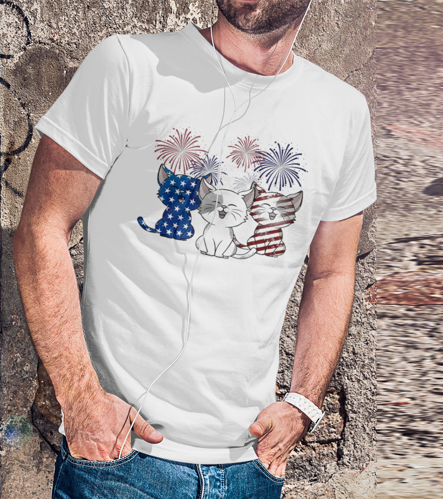 Retro Vintage Cat American Flag Fireworks 4th Of July T-Shirt