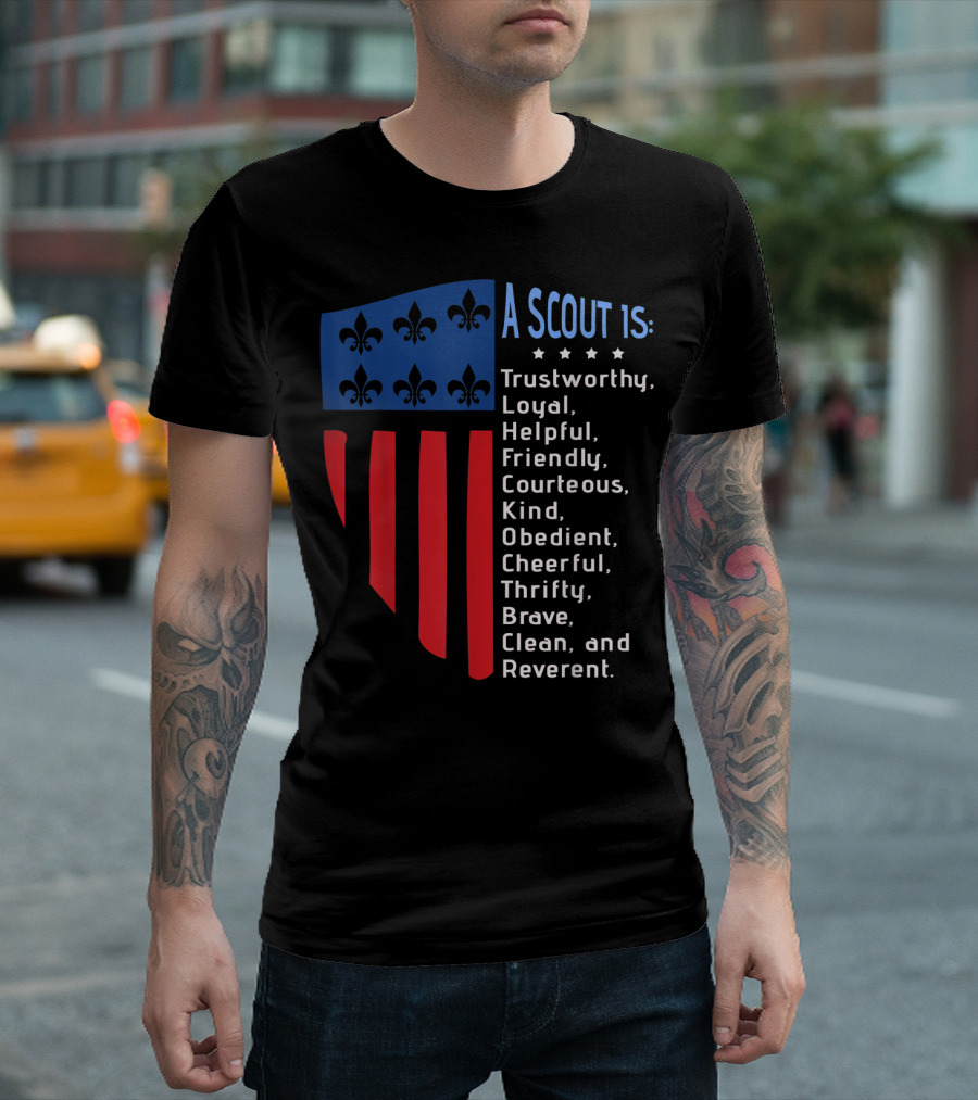 A Scout Is Trustworthy Loyal Helpful Friendly Courteous Kind Obedient Cheerful Thrifty Brave Clean Reverent American Flag Fleur-de-Lis T-Shirt