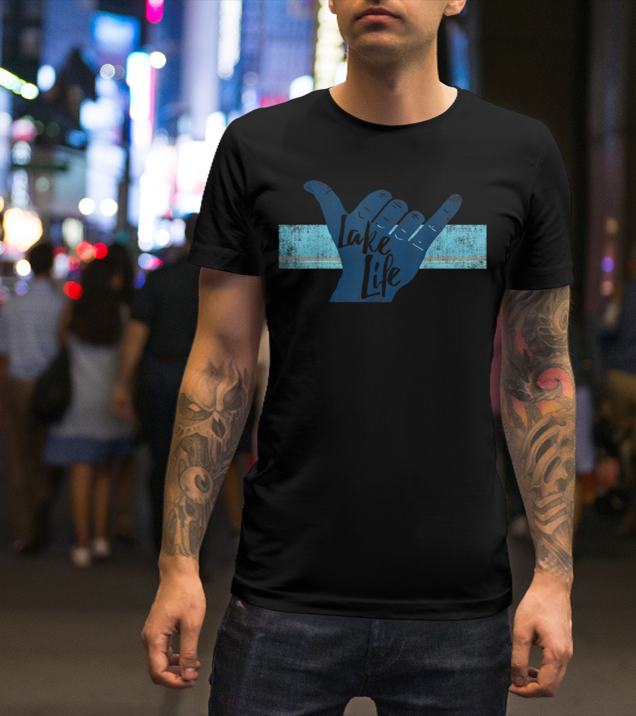 Lake Life Shaka Hand Gesture Vintage Blue Stripe T-Shirt