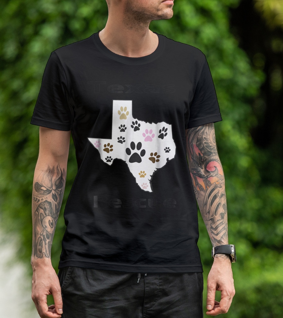 Texas Rescue Map With Multicolored Pet Paw Footprints T-Shirt
