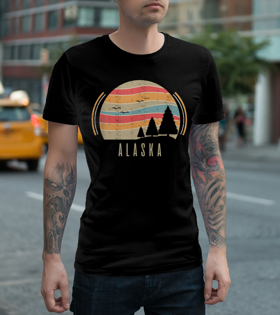 Retro Alaska Home Alaska State Trees Sunset Lines T-Shirt