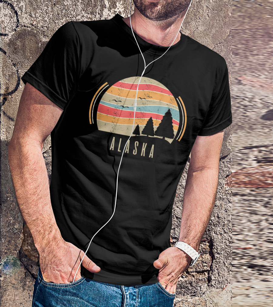 Retro Alaska Home Alaska State Trees Sunset Lines T-Shirt