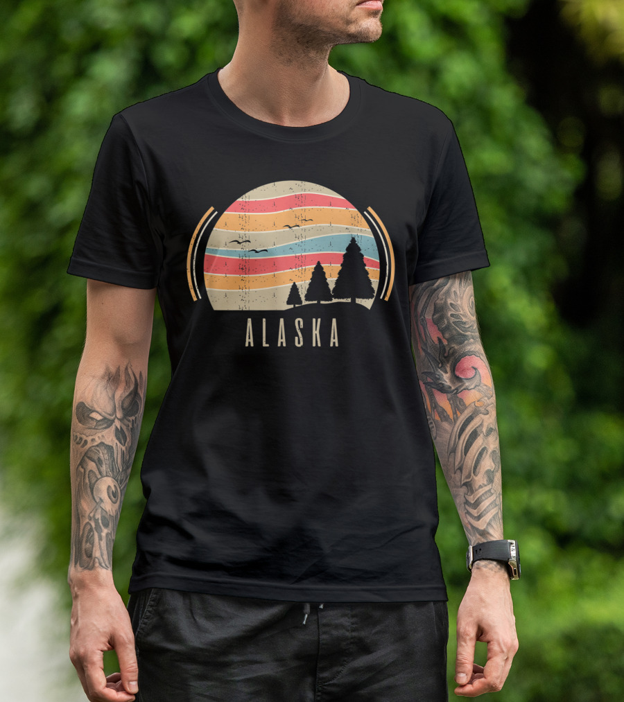 Retro Alaska Home Alaska State Trees Sunset Lines T-Shirt
