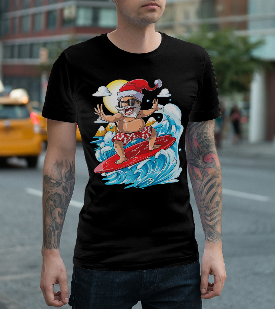 Santa Surfing Hawaiian Christmas Summer Surfing Adventure T-Shirt