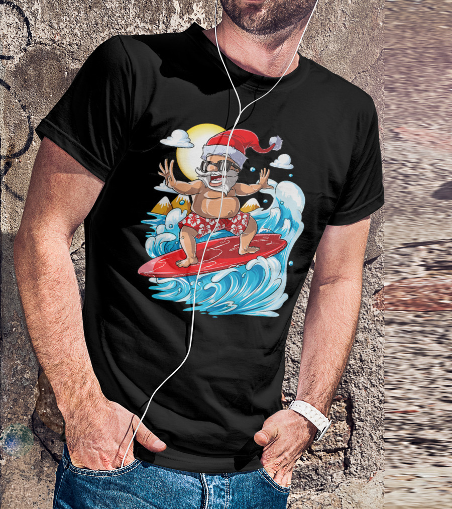 Santa Surfing Hawaiian Christmas Summer Surfing Adventure T-Shirt