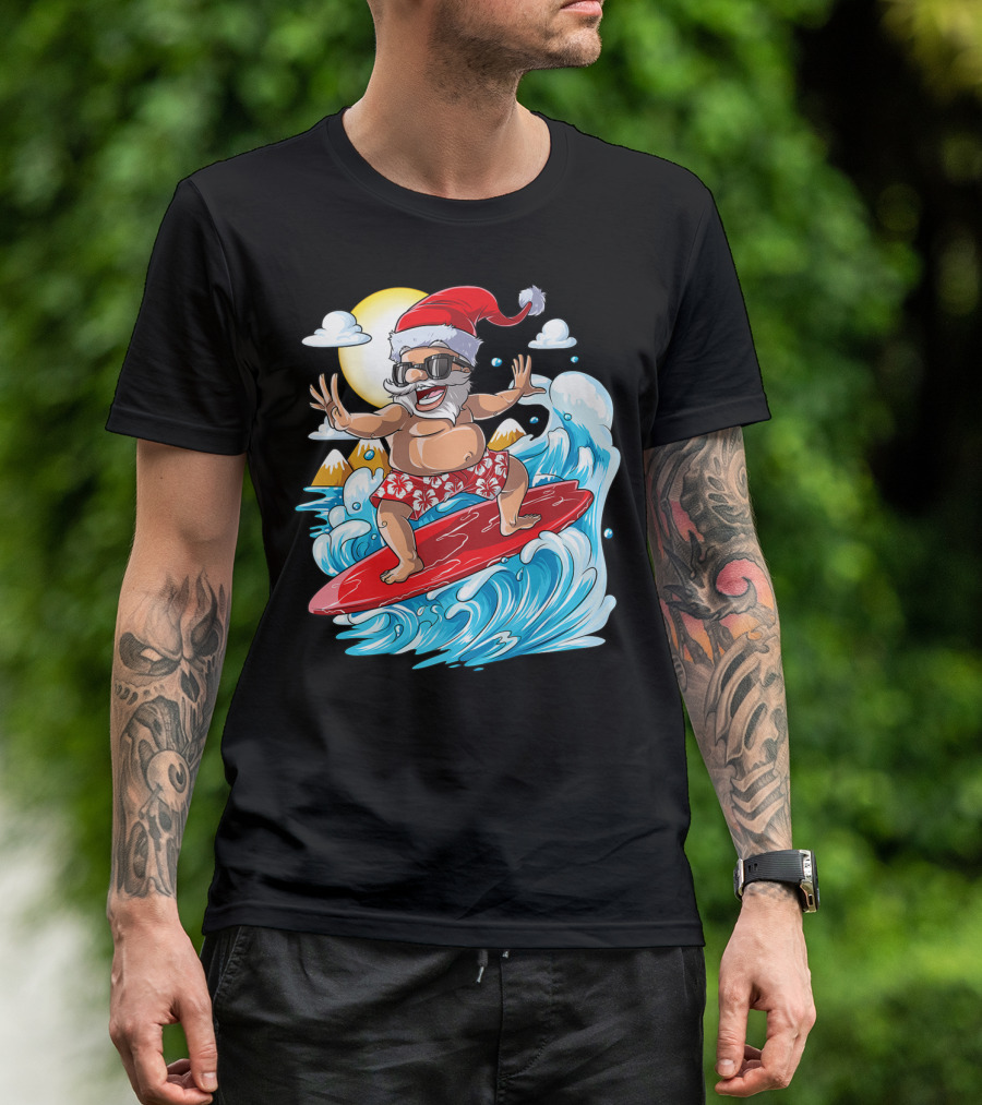 Santa Surfing Hawaiian Christmas Summer Surfing Adventure T-Shirt