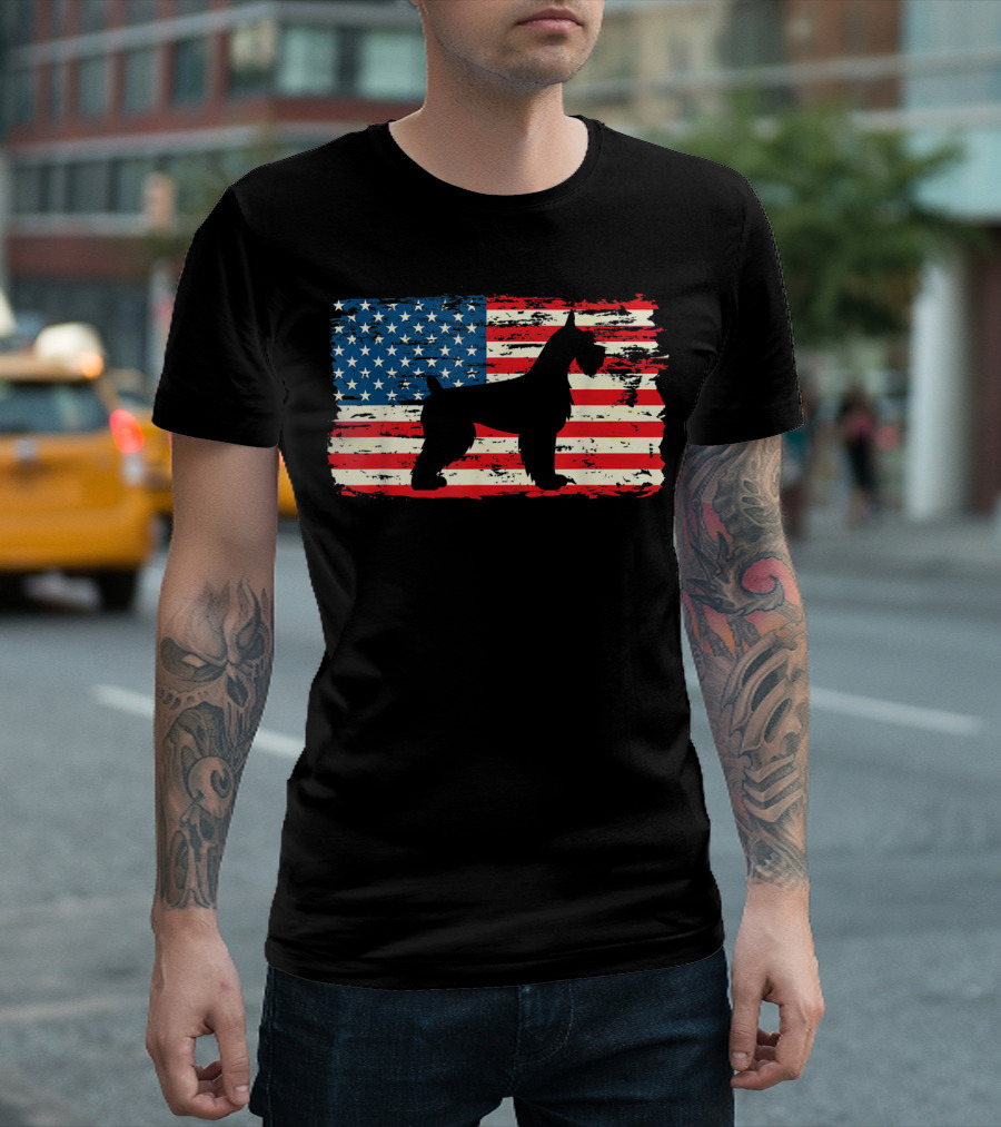 Schnauzer Silhouette With American Flag Background Patriot Dog Breed T-Shirt
