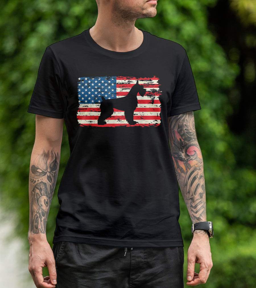 Schnauzer Silhouette With American Flag Background Patriot Dog Breed T-Shirt