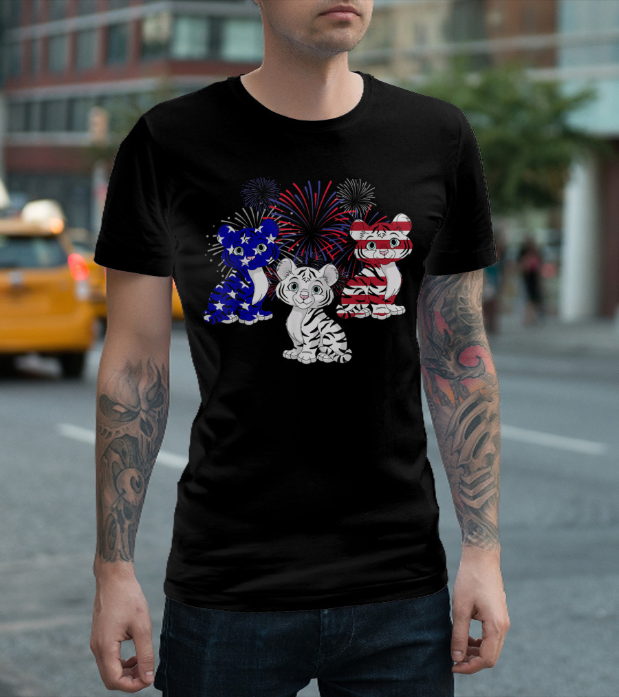 Tigers American Flag Fireworks Independence 4th of July T-Shirt
