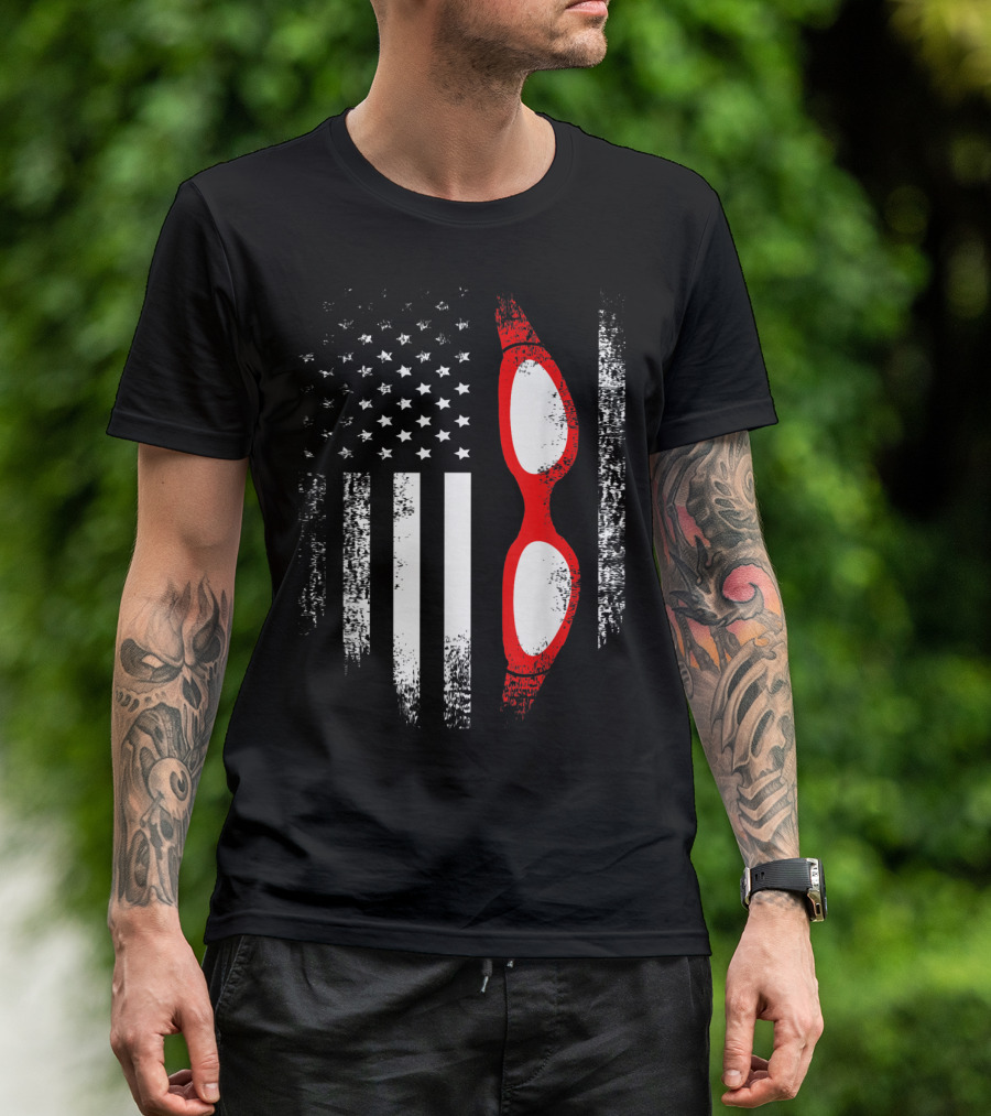 Vintage USA American Flag Red White Swim Goggles T-Shirt
