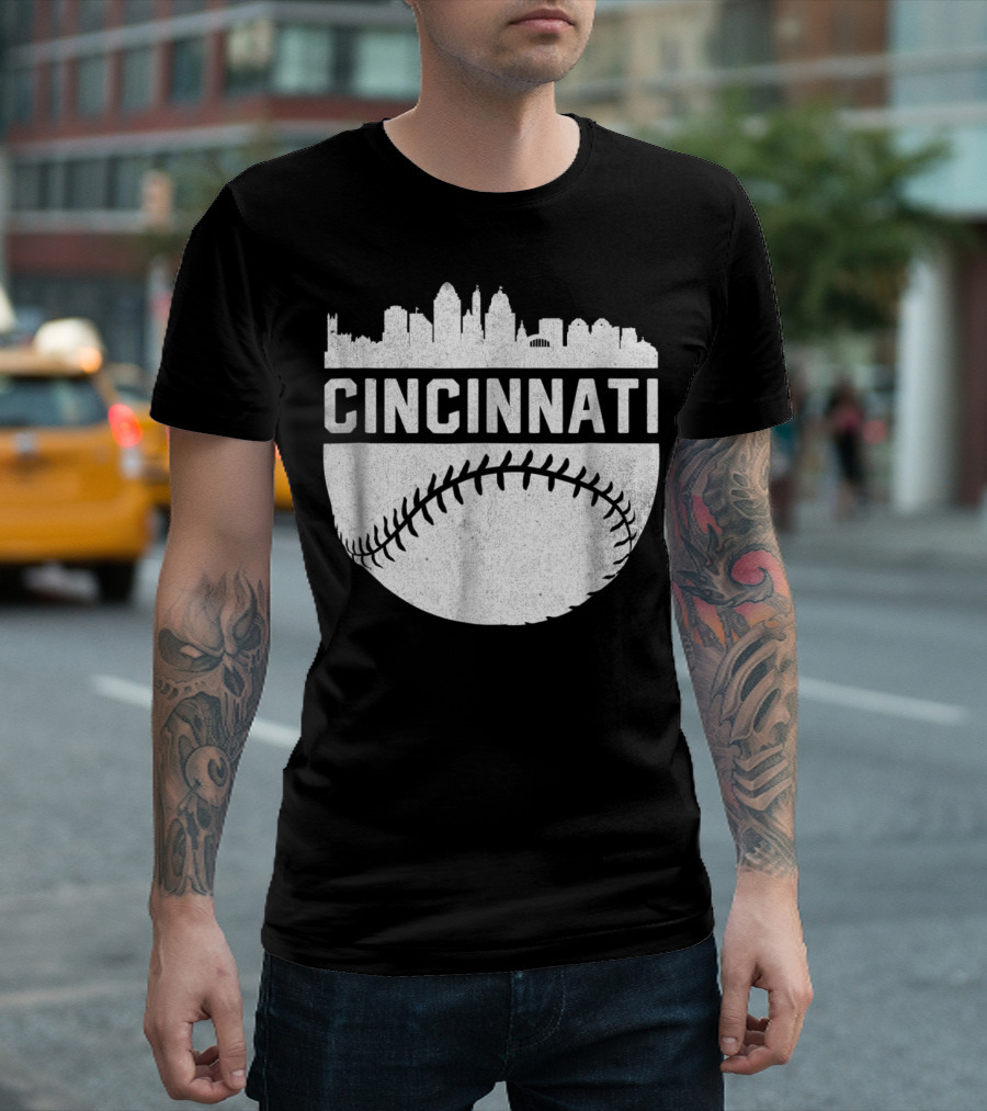 Cincinnati Ohio Skyline Vintage Baseball T-Shirt