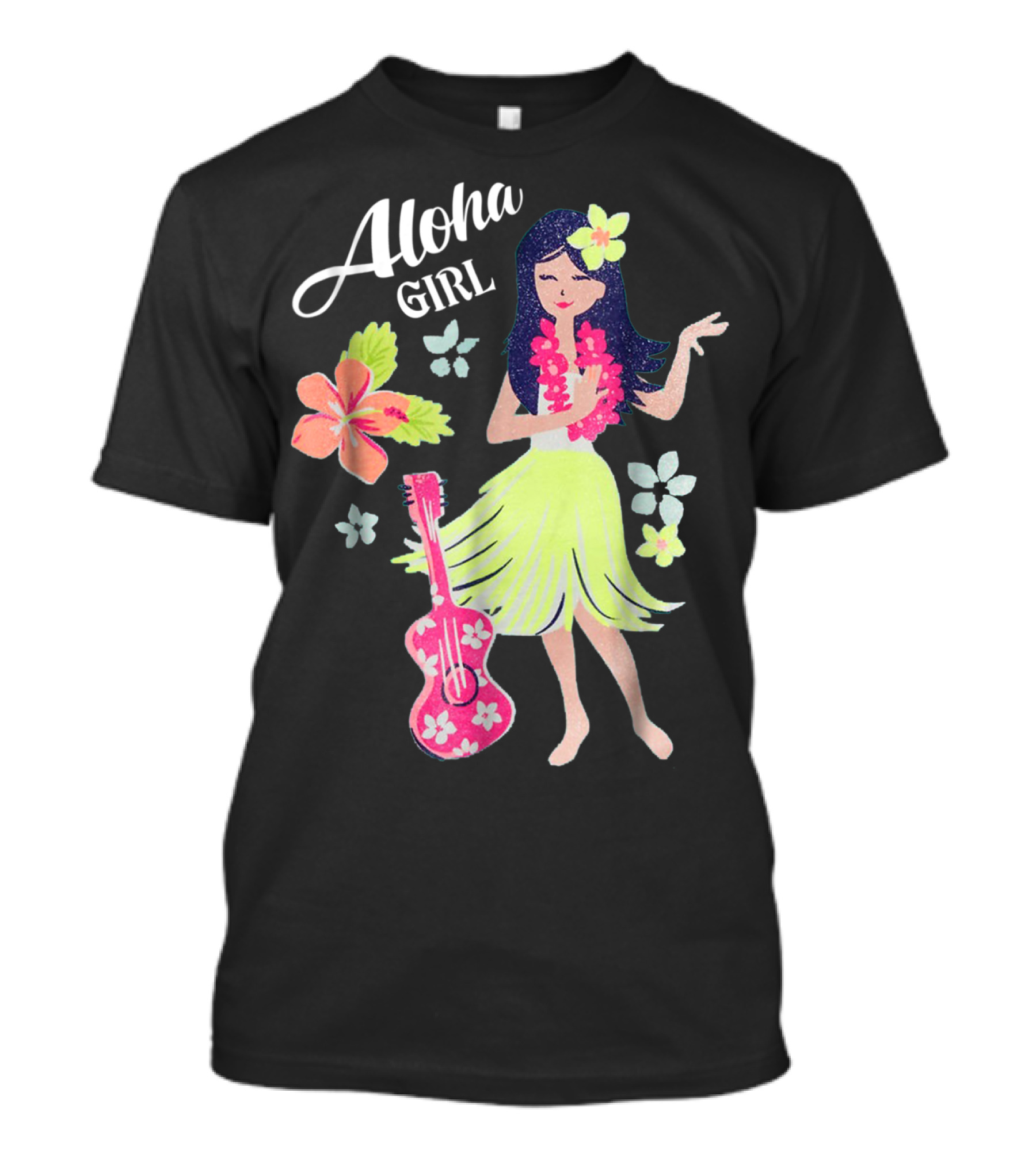 Aloha Girl Hula Dancing With Tropical Flowers And Ukulele T-Shirt