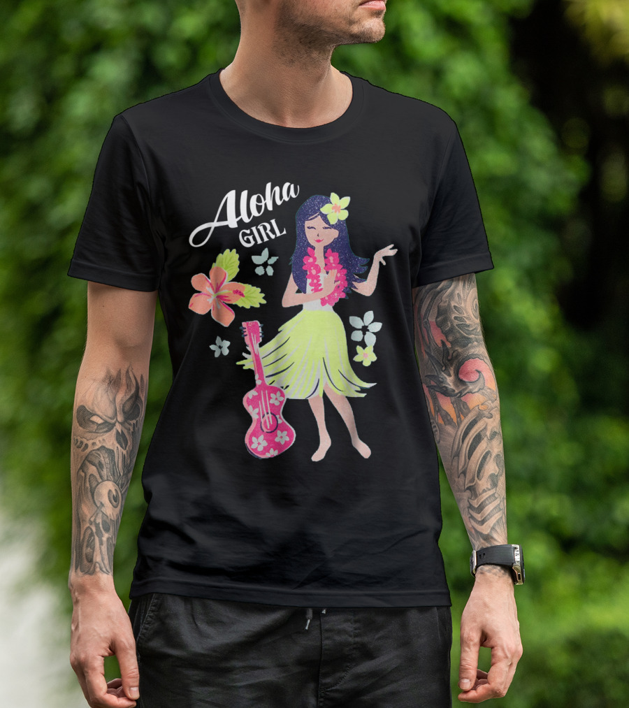 Aloha Girl Hula Dancing With Tropical Flowers And Ukulele T-Shirt
