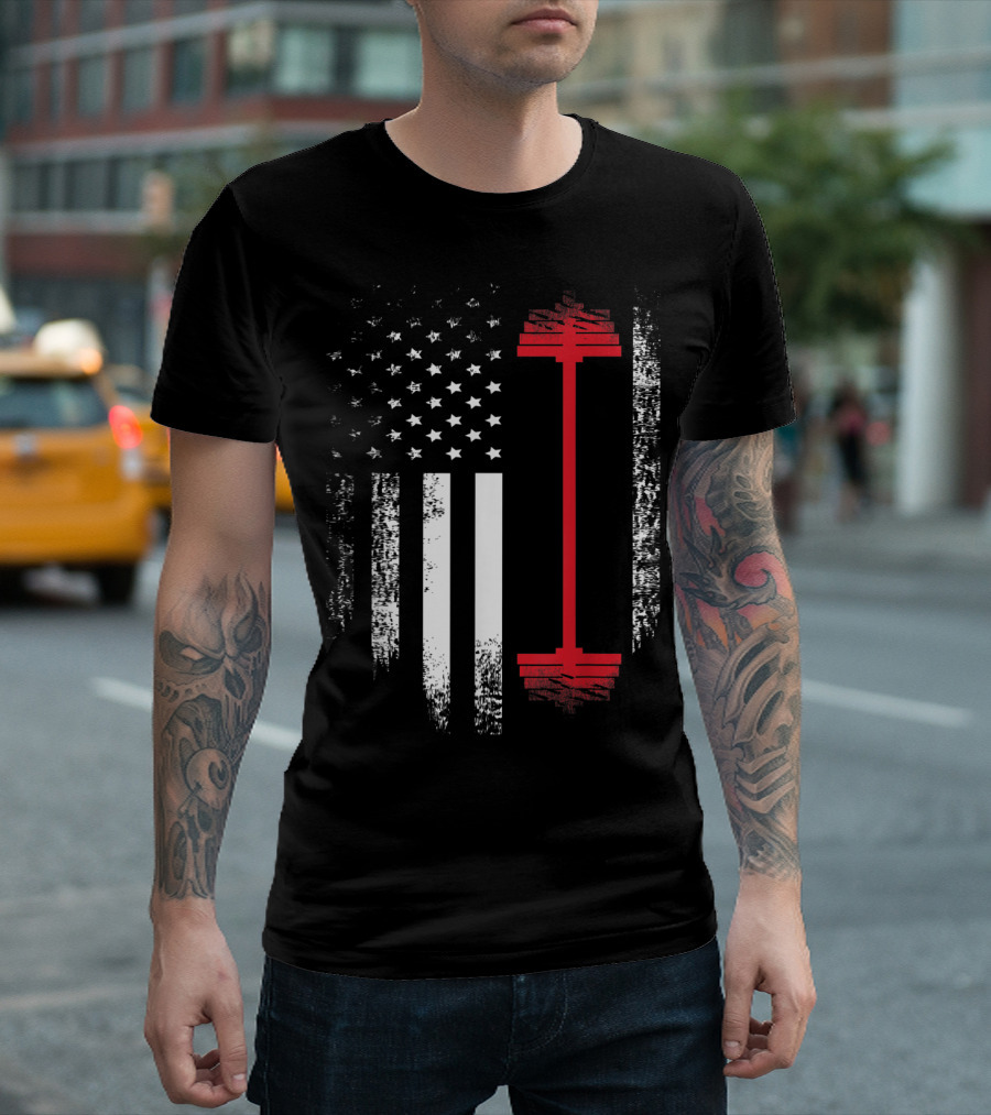 Vintage USA Red White Barbell American Flag Gym T-Shirt