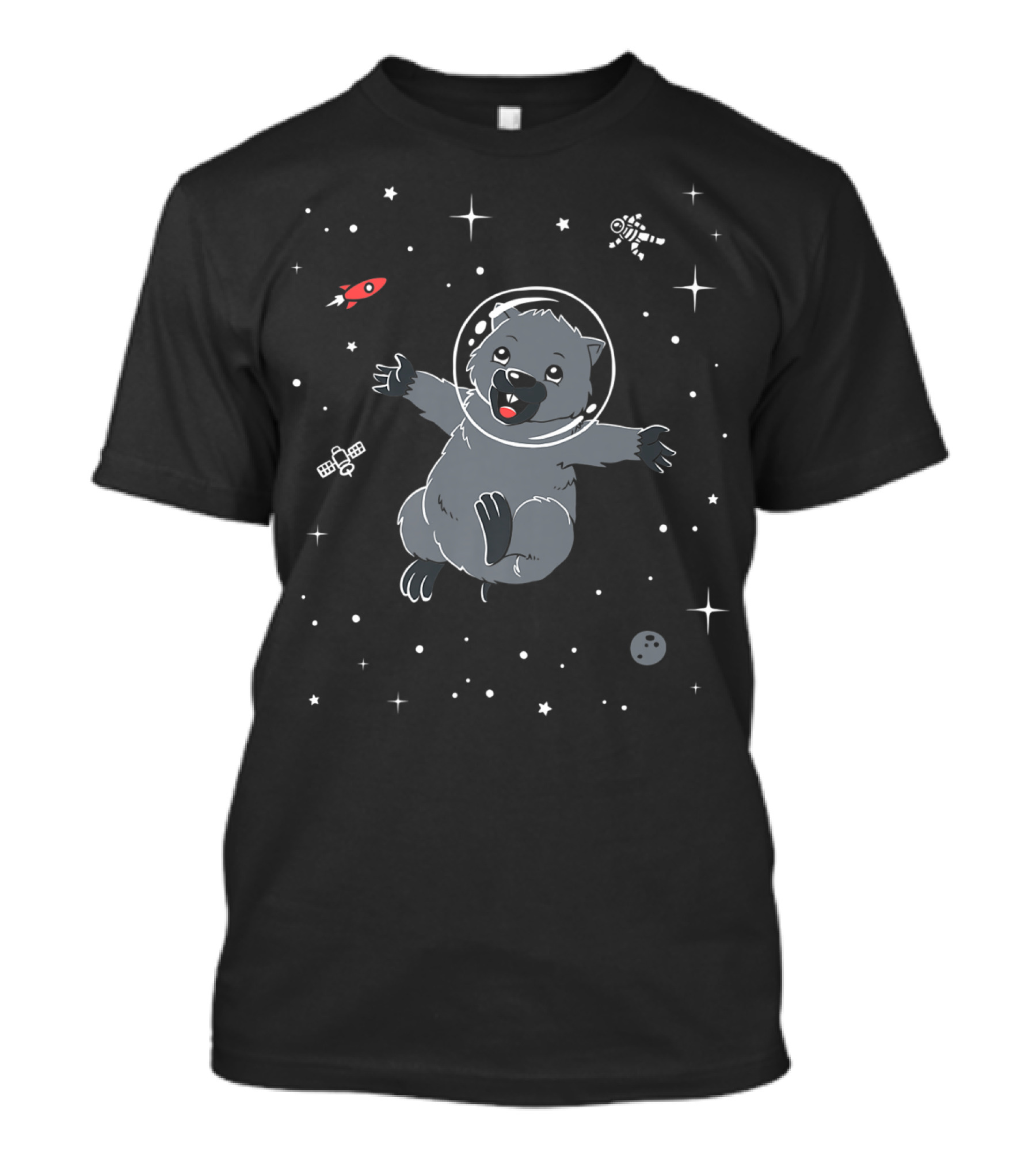 Wombat Cute Cartoon Marsupial Floating In Space With Rocket And Astronaut Elements T-Shirt