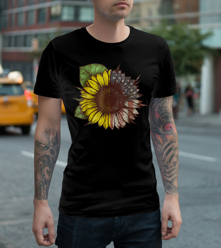 Hippie Sunflower Blended with American Flag Elements T-Shirt