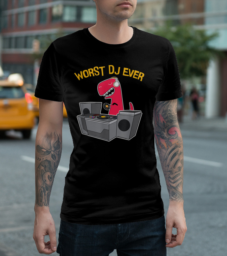 Worst DJ Ever Funny Rex Dinosaur With Headphones And Turntables T-Shirt