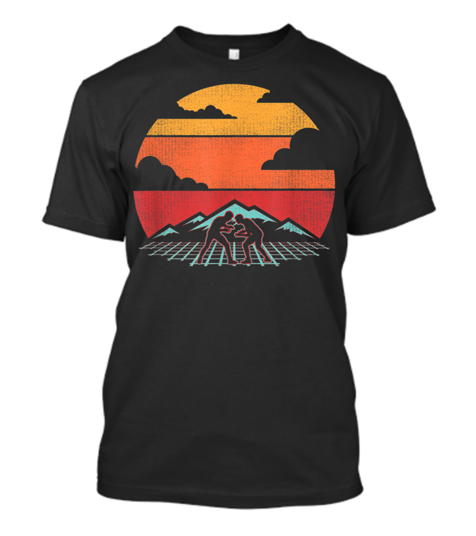 Wrestling Vintage 80s Style Coach Retro Sunset Silhouette With Mountains And Grid T-Shirt