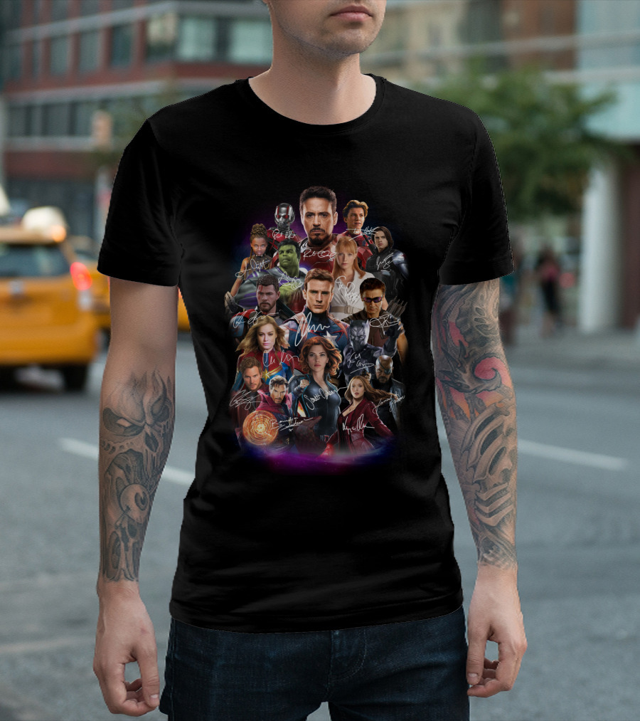 Avengers Characters Collage with Autographs T-Shirt