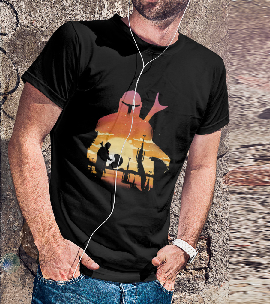 The Mandalorian Sunset Silhouette With Bounty Hunter And Child In Desert Scene T-Shirt
