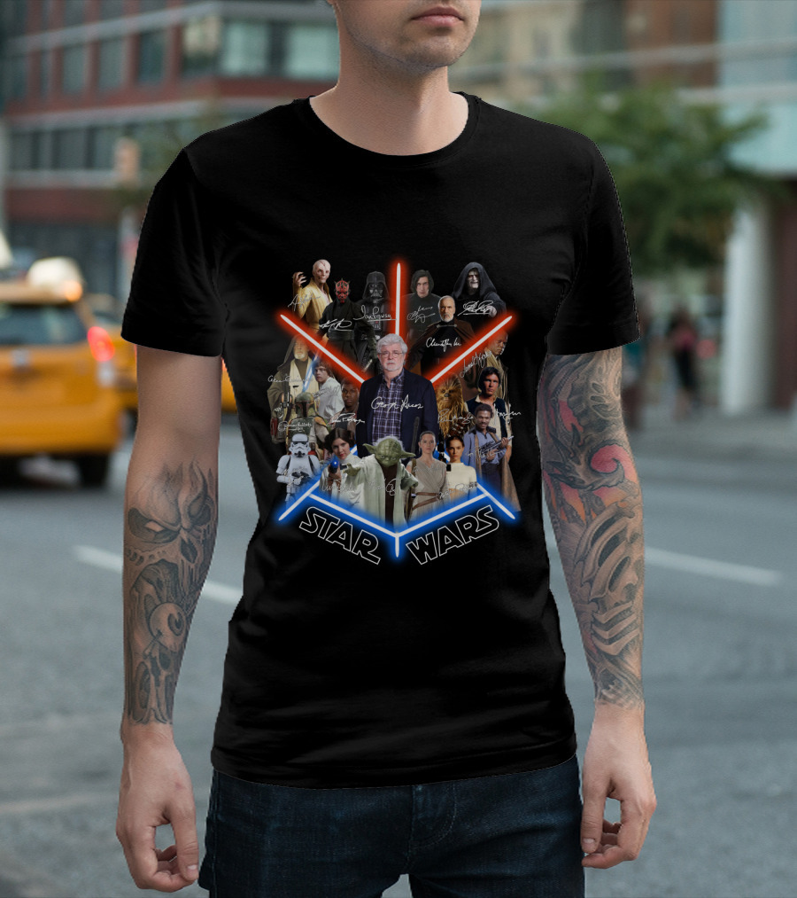Star Wars George Lucas and Iconic Character Collage with Signatures T-Shirt