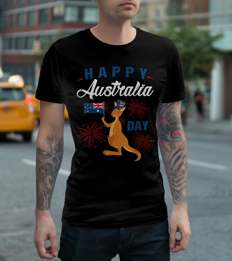 Happy Australia Day Kangaroo Holding Australian Flag With Fireworks T-Shirt