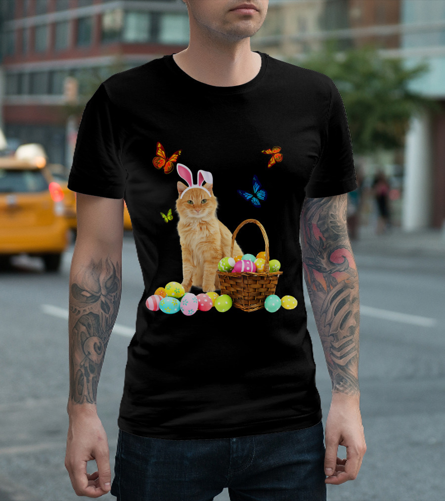 Adorable Cat with Bunny Ears Surrounded by Easter Eggs and Butterflies T-Shirt