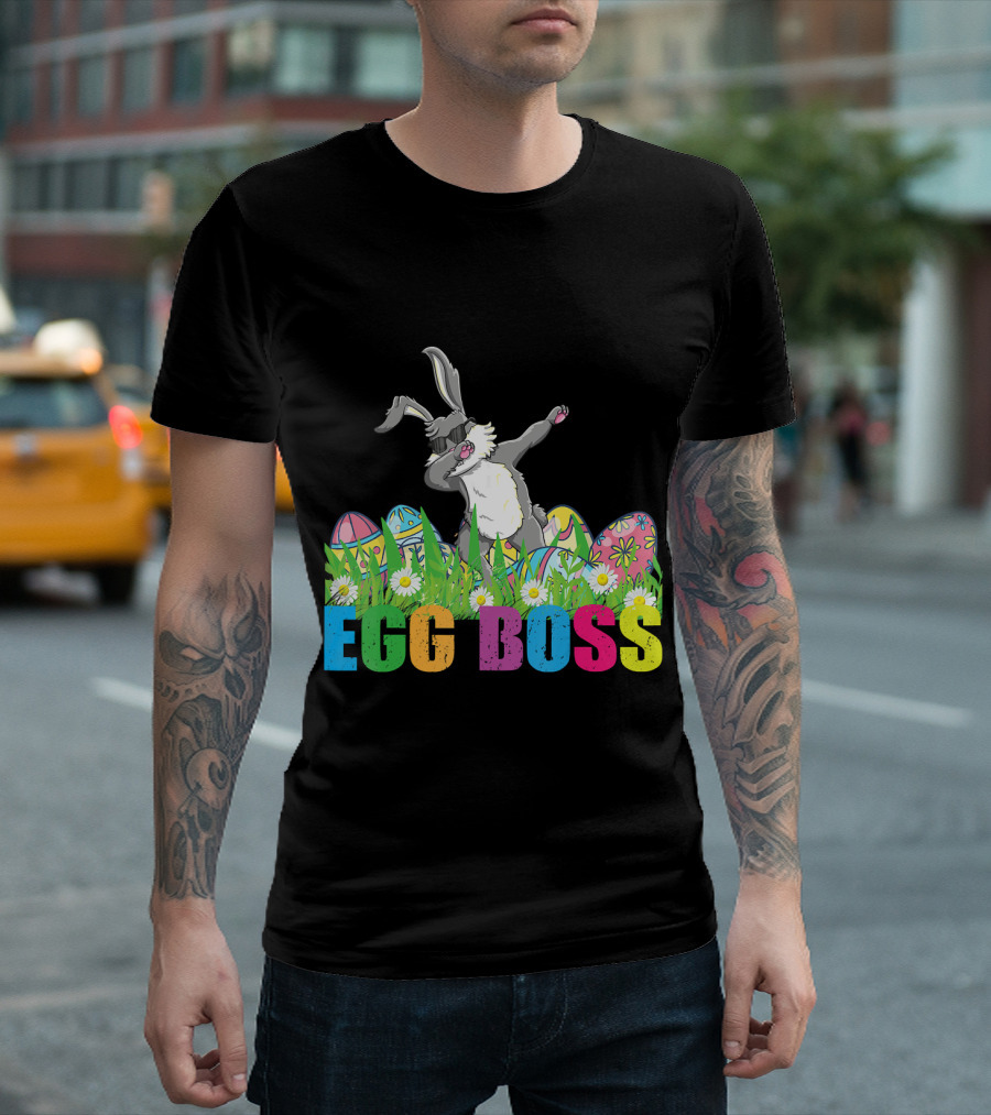 Dabbing Easter Bunny Egg Boss with Colorful Easter Eggs and Grass T-Shirt