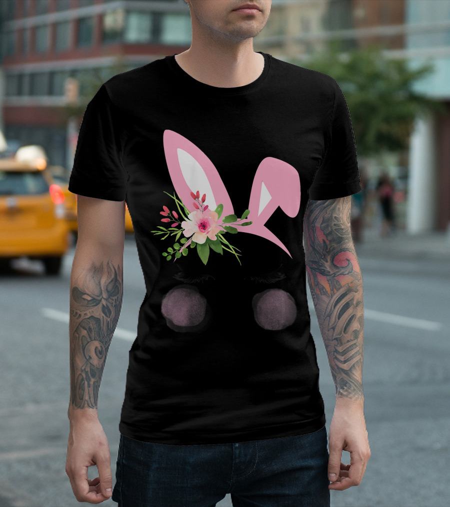 Easter Bunny Pink Flower Headband with Watercolor Floral Accents and Blush Cheeks T-Shirt