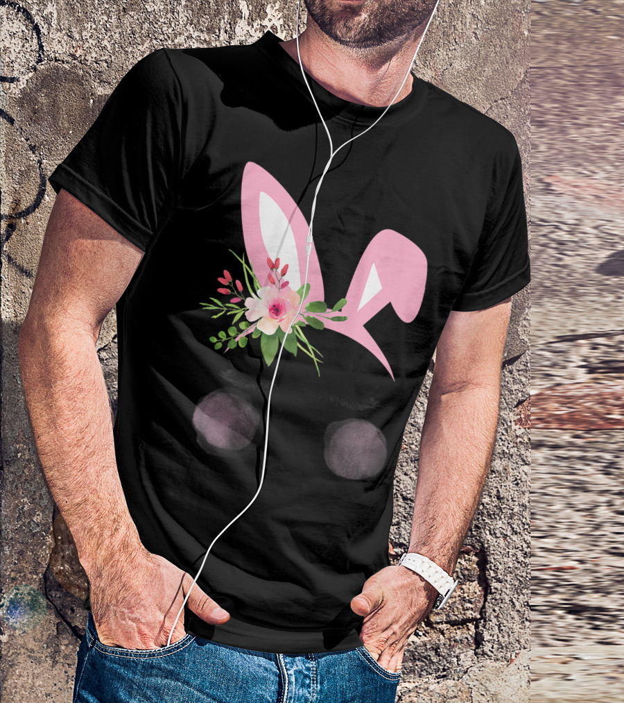 Easter Bunny Pink Flower Headband With Watercolor Floral Accents And Blush Cheeks T-Shirt