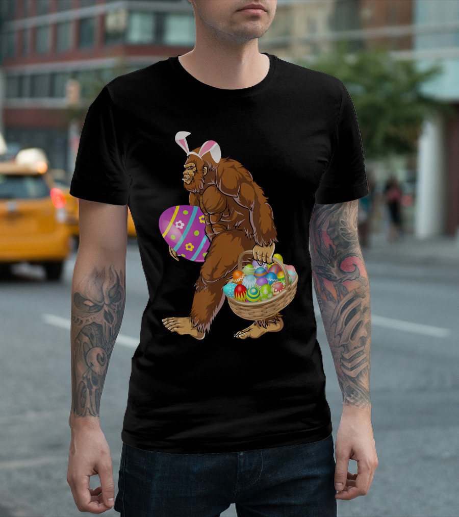 Bigfoot Easter Bunny Carrying Colorful Eggs Basket T-Shirt