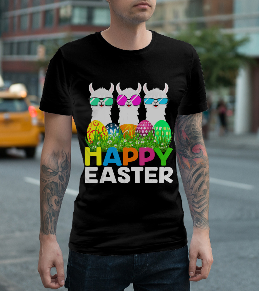 Happy Easter Llama Alpaca with Colorful Easter Eggs T-Shirt