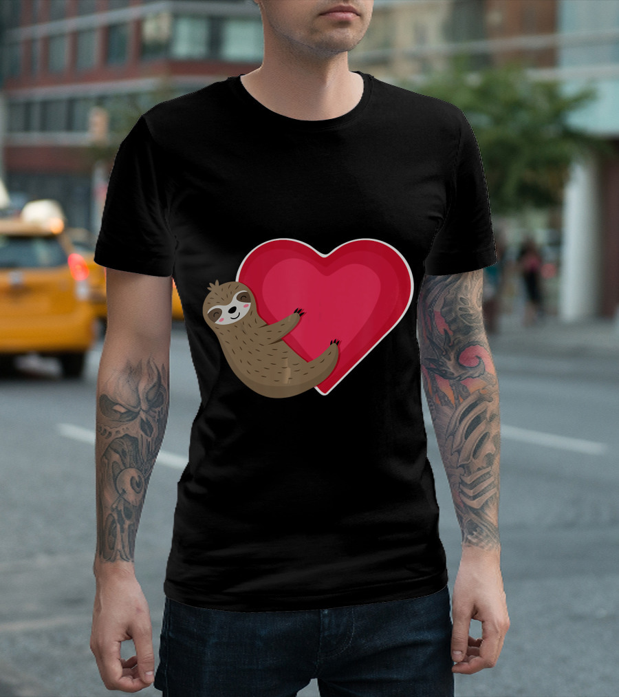 Cute Sloth Hugging Red Heart Valentines Day T-Shirt